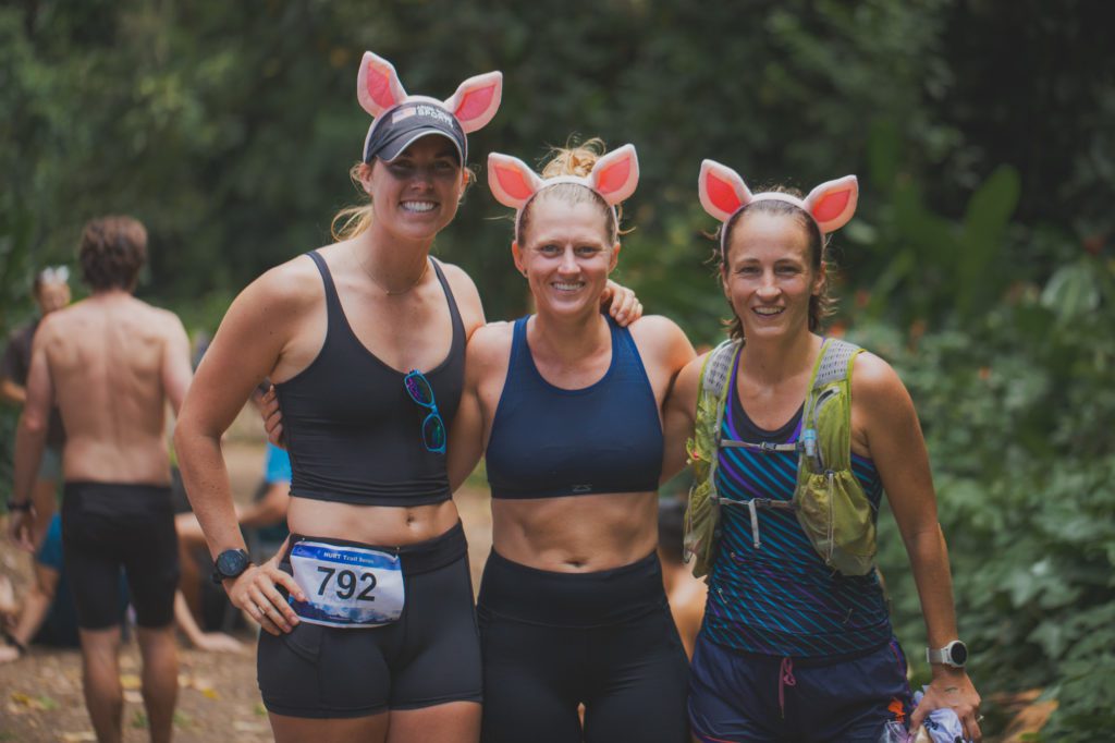 Top 3 women of HURT Maunawili Out and Back trail race. L-R: Annie Pentaleri, Andrea Smith, and Jane Johannsen